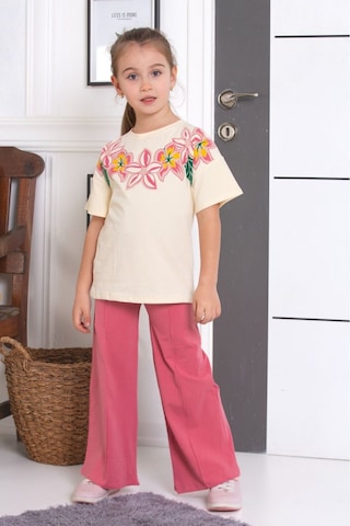 Tunays Shopping İspanyol Paça Tayt Pantolon Çiçek Baskılı Oversize Tshirt Kız Çocuk Alt Üst Takım Pembe