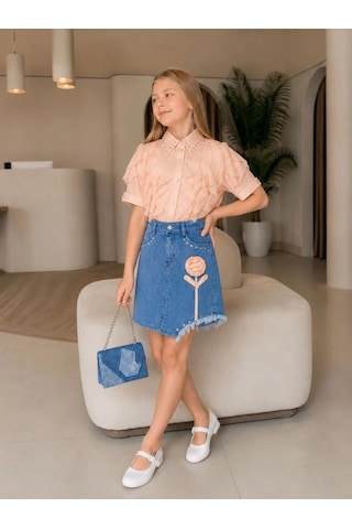 Wear Vexel Kız Çocuk Gömlek Etek Çanta 3 Lü Takım Fırfır Detaylı Jean Etekli Şık Kombin - Somon Çok Renkli
