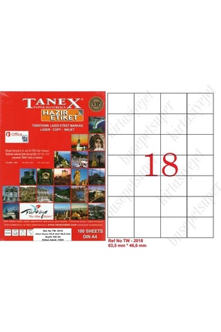 Tanex Tw-2018 Ebat 63 X 46 MM Laser Etiket A4 Sayfada 18 Etiket
