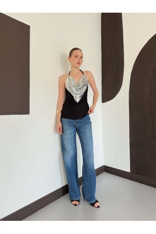 Verymoda Pullu Askılı Bluz D3079 Siyah Gümüş