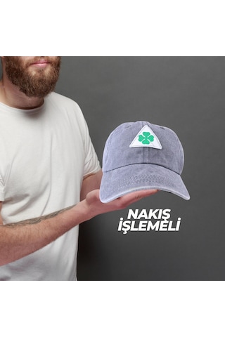 Perlotus Vintage Yıkamalı Pamuk Şapka Dört Yapraklı Yonca Nakışlı Gri Gri