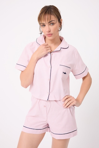 Lespadon Marısılk Kadın Yazlık Şortlu Crop Gömlekli Pijama & Lounge Takımı -3249 Pudra