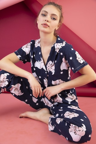 Kadın Düğmeli Desenli Pijama Takımı Koyu Lacivert 1974 Waynap Koyu Lacivert