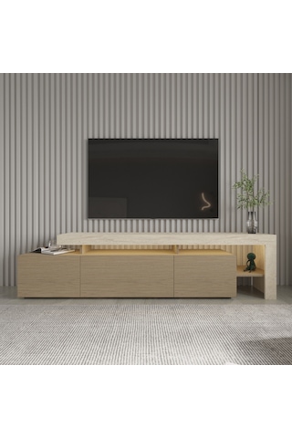 Beliz Modern Led Işıklı 3 Kapaklı, Raflı Tv Sehpası 192 Cm Traverten/sıcak Meşe