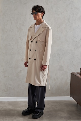 Erkek Kruvaze Yaka Oversize Trençkot Krem