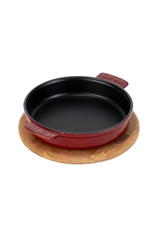 Lava Döküm Yuvarlak Güveç Kabı Döküm Demir Yekpare Çift Kulplu Kayın Servis Ahşabı Çap Ø 14cm. Bordo