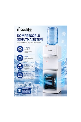 Maxilife PS-SLR-210 Aqua Kompresörlü Su Sebili Sıcak Soğuk Normal Su Alt Dolaplı 3 Musluklu Su Sebili Beyaz