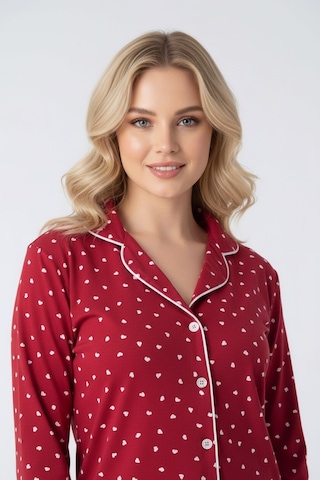 Guava Kadın Desenli Slim Fit Gömlek Yaka Önden Düğmeli Dar Kalıp Mevsimlik Uzun Kollu Pijama Takımı Kırmızı