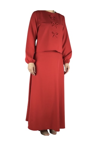 Kadın Spor Önden Kurdela Modelli Kolağzı Lastikli Etek Yandan Fermuarlı Etek Mevlana Model İkili Takım Kırmızı