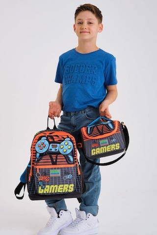 Coral High Kids Erkek Çocuk Gamer Desenli 3 Lü Okul Çanta Seti Gri Turuncu