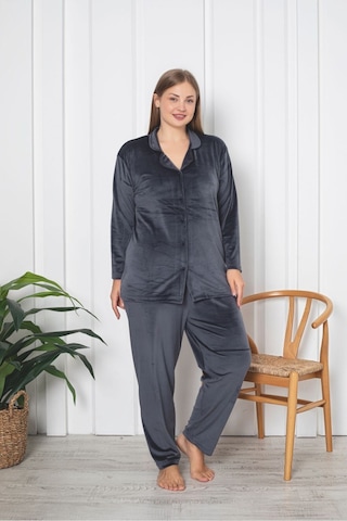 Büyük Beden Boydan Düğmeli Kadife Pijama Takımı Antrasit