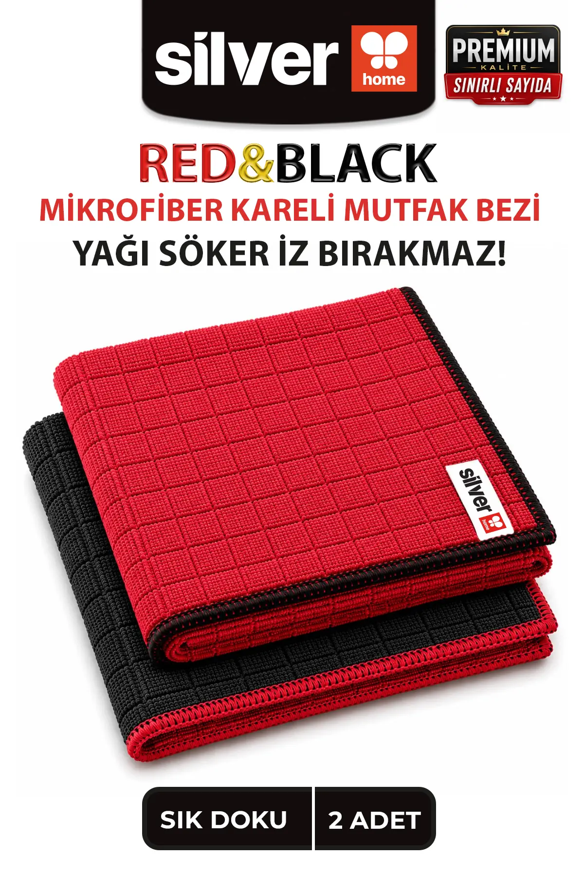 Premium Red & Black 2'li Kareli Mikrofiber Mutfak Bezi 40x40 Cm Süper Emici Koku Yapmaz Iz Ve Tüy Bırakmaz Kırmızı- Siyah