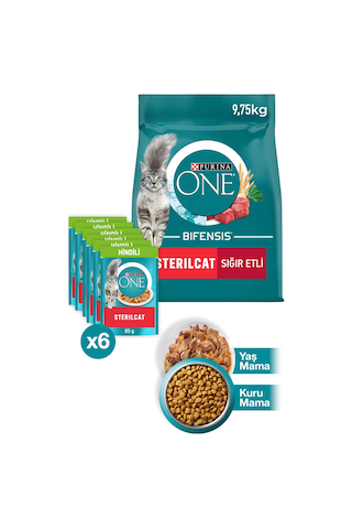 Purina One Sterilcat Sığır Eti Buğday Kısırlaştırılmış Kedi Maması 9750 G + Hindili Yaş Kısırlaştırılmış Kedi Maması 6 x 85 G