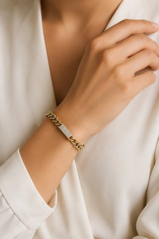 Balenbi Jewelry Kadın Taşlı Dikdörtgen Detaylı Gold Renk Kararmaz Çelik Zincir Bileklik 1099 Altın