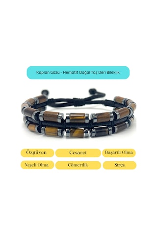 Sertifikalı Kaplan Gözü Ve Hematit Makrome Doğal Taş Deri Erkek Bileklik Kahverengi