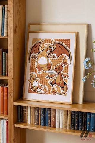 Pokemon Charmander Evrim Poster, Ahşap Çerçeveli Duvar Tablosu - Anime Severlere Özel Hediye
