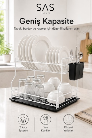 Sas Haus 2 Katlı Metal Bulaşıklık Kaşıklıklı Ve Damlalıklı Tezgâh Üstü Bulaşık Kurutmalık Dtb-02 Beyaz
