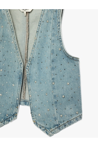 Koton Yıldız Detaylı Pamuklu Kolsuz V Yaka Denim Yelek Lıght Indıgo 6skg20004ad Açık Mavi