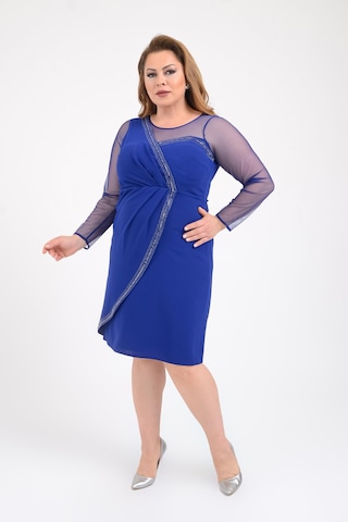 Lilas Xxl Büyük Beden Saks Renkli Taş Baskılı Krep Kumaş Kısa Abiye Elbise Saks Mavisi