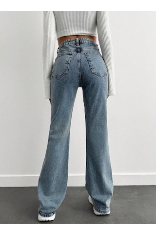 Herton Yüksek Bel İspanyol Paça Jean Pantolon - Eskitme Detaylı Full Pamuklu Flare Denim Royal Mavi