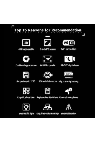 4k Dijital Kamera Wifi Video Kamera 64mp Çift Lens 3 İnç Ips Ekran 16x Sarsıntı Önleyici Dw