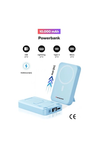 Magsafe Powerbank 10000 Mah Standlı Hızlı Taşınabilir Iphone 11 12 13 14 15 16 17 Samsung Uyumlu Mavi