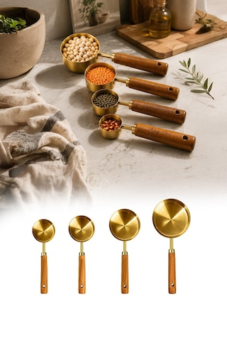 4lü Set Ml Ahşap Saplı Gold Kahve Ölçü Kaşığı Paslanmaz Çelik Kahve Çay Mama Ölçme Kaşığı Altın