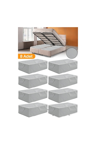 Serstil 8 Adet - Gri Benekli Büyük Boy Baza Altı Ve Çekyat Tipi Hurç 65 X 45 X 22 Cm Beyaz