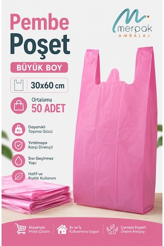 Kalın Pembe Poşet 30x60 Cm Büyük Boy 1 Kg Hışır Atlet Poşet Market Manav Poşeti Çöp Poşeti