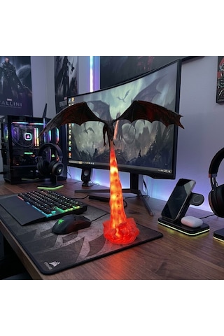 Ejderha Alev Püskürten Masa Lambası Dekoratif Gaming Oda Lambası Siyah -turuncu