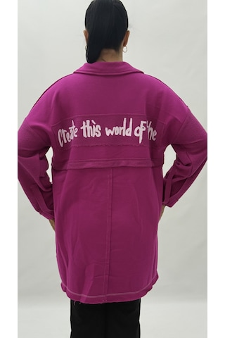 Büyük Beden Yakalı Cepli Sloganlı Uzun Kol Oversize Viskon Kadın Tunik Sweatshirt Pembe