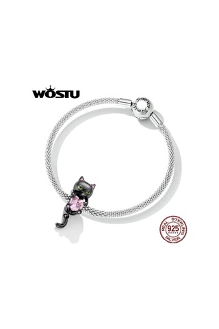 Wostu 925 Ayar Gümüş Sevimli Küçük Siyah Kedi Takılar Boncuk Pembe Kalp Zirkon Kadınlar İçin Fit Orijinal Dıy Bilezik Takı Hediyeler Siyah - Gümüş