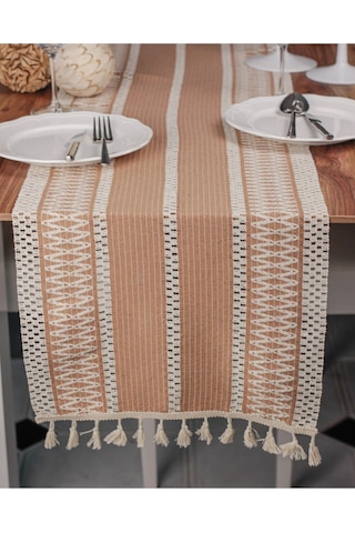 Zethome Runner Pamuk Dantel Püsküllü Bej Runner ,sunum Örtüsü Dantel Bej 35x155 Cm