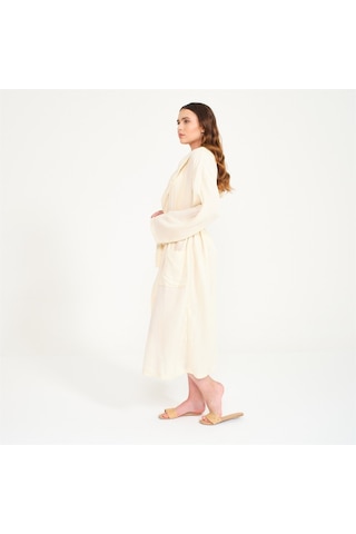 Unisex Kapüşonlu Uzun Müslin Bornoz-Bej