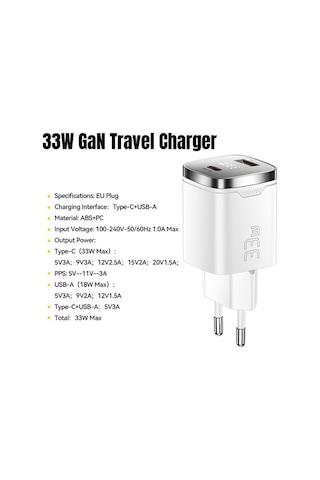 Ebitda Essager 33w Hızlı Şarj Dijital Ekran Usb A + Tip C Çift Bağlantı Noktalı Gan Seyahat Şarj Cihazı Beyaz
