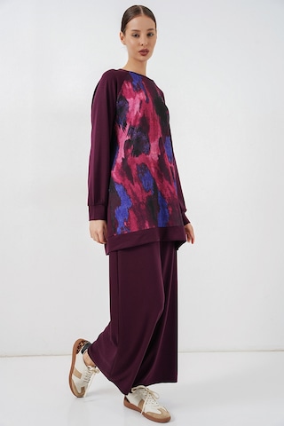 Bigdart Kadın Desenli Oversize Tunik Pantolon İkili Takım 55462 - Mor