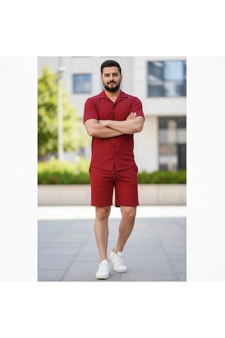 Epilons Zenda1125 Erkek Waffle Kumaş Kısa Kollu Gömlek Şort Takım Regular Fit Yazlık İkili Set - Bordo Zenda478