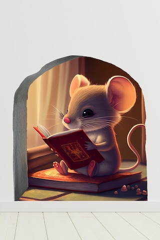 Fare Deliğinde Kitap Okuyan Sevimli Minik Fare Çocuk Odası Duvar Sticker