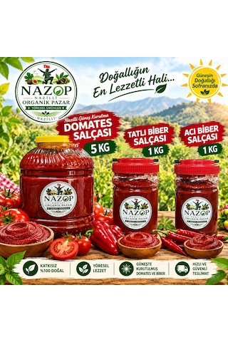 Nazop Domates Salçası Nazilli Güneş Kurutma 5 Kg.+1 Kg. Acı Biber Salçası + 1 Kg. Tatlı Biber Salçası