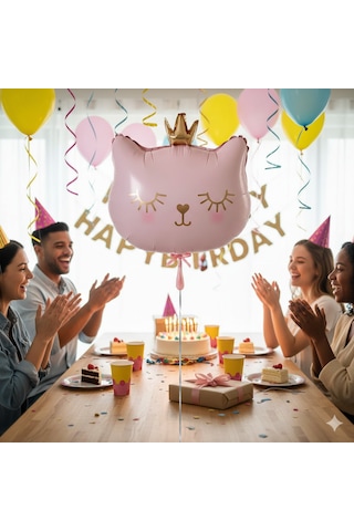 56x49 Cm Pembe Kedi Kafası Taçlı Folyo Balon 30 İnç - Doğum Günü Parti Dekorasyon Balonu Çok Renkli