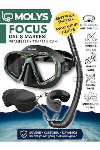 Molys Focus Dalış Maskesi + Antı Fog Buğu Önleyici Film + Katlanabilir Şnorkel + Maske Kutusu Yeşil - Kamuflaj