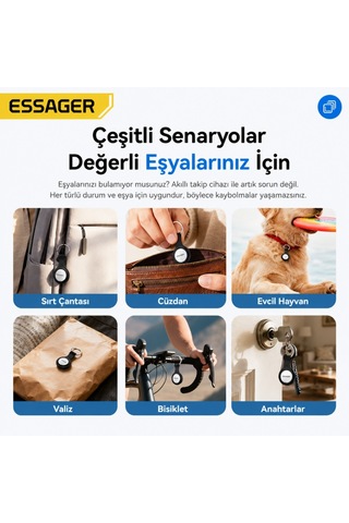 Essager 4 Adet Set Akıllı Smarttag Apple iPhone Uyumlu İos Konum Bulucu Anahtar Çanta Valiz