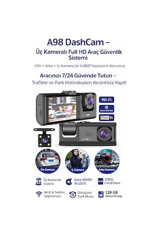 Buğz Akıllı Full Hd 3 Kameralı Araç İçi Güvenlik Kamerası Ön-arka-iç Kayıt, Park Modu