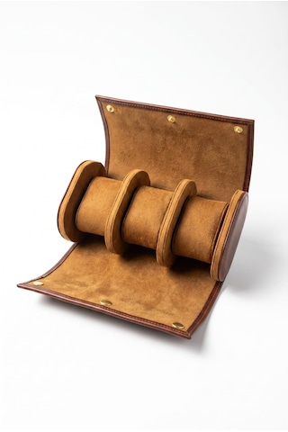 3 Lü Deri Saat Kutusu Silindir Tasarım Taşınabilir Saat Saklama Organizer 24x11x7 Cm Taba