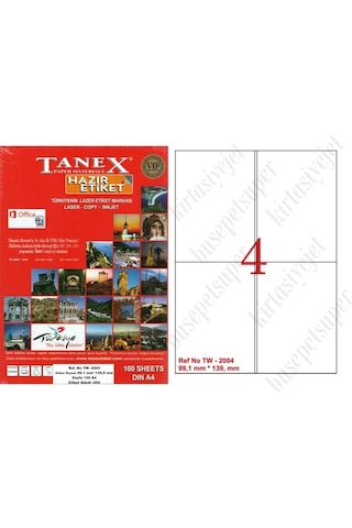 Tanex Tw-2004 Ebat 99 X 139 MM Lazer Etiket A4 Sayfada 2 Etiket