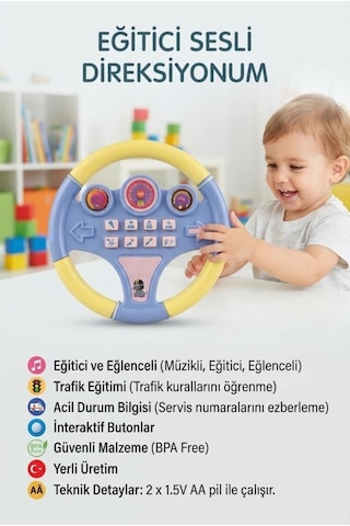 Eğitici Ve Müzikli Pilli Trafik Eğitim Direksiyonu - Sesli Ve Işıklı 8 Tuşlu Oyuncak