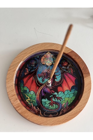 Ahşap Üzerine Epoksi Mandala Desenli Yuvarlak Tütsülük -12 Cm Çap- Ejderha/dragon