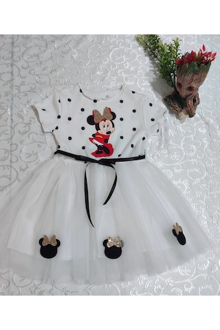 Pekminibebe 2-3-4 Yaş Puantiyeli Mickey Baskılı Kurdela Kuşaklı Astarlı Kız Bebek Tütü Elbisesi Beyaz