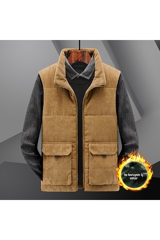 Snapbuy Kışlık Kalın Kadife İçi Kürklü Erkek Yelek Taba