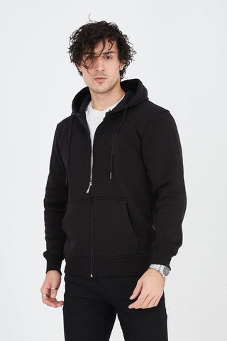 Barlashive Erkek 3 İplik Pamuklu Fermuarlı Kapüşonlu Kanguru Cepli Hoodie Hırka Sweatshirt - Siyah Çok Renkli
